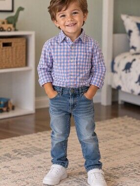 💛10/$20💛OshKosh B'gosh Pink and Blue Gingham Shirt with Denim Jeans Set